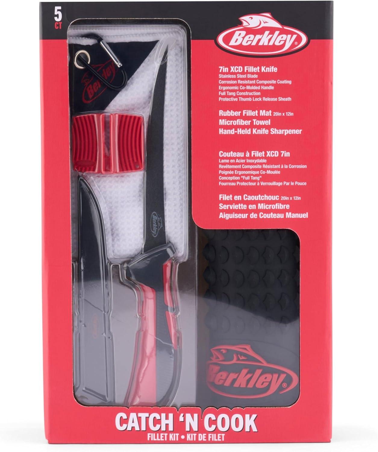 imageBerkley Hook Em and Cook Em Fillet Kit Includes 20 x 12 Rubber Fillet Mat 7 XCD Stainless Steel Knife Handheld Knife Sharpener and Microfiber Towel