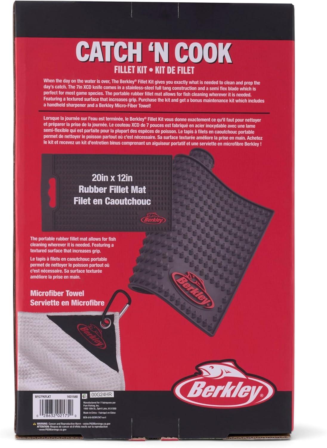 imageBerkley Hook Em and Cook Em Fillet Kit Includes 20 x 12 Rubber Fillet Mat 7 XCD Stainless Steel Knife Handheld Knife Sharpener and Microfiber Towel