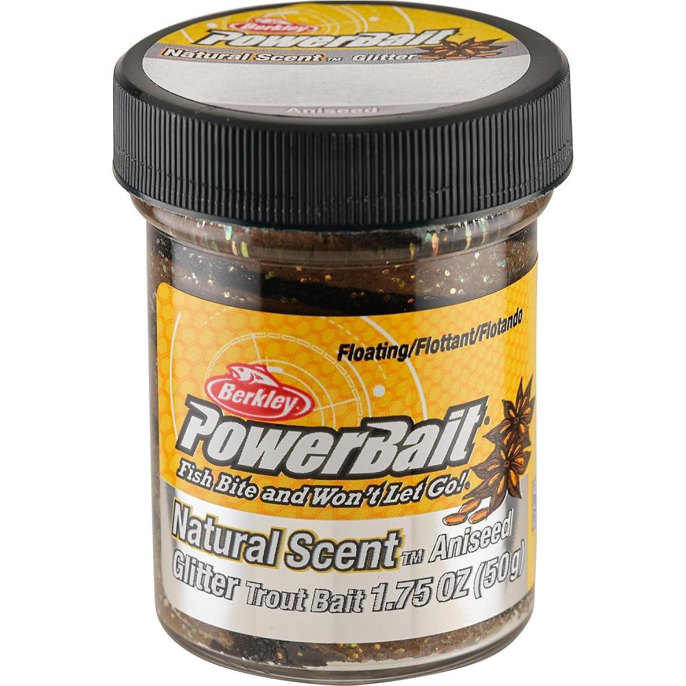 imageBerkley PowerBait Natural Glitter Trout Fishing Dough BaitBlack Brown Aniseed Scent
