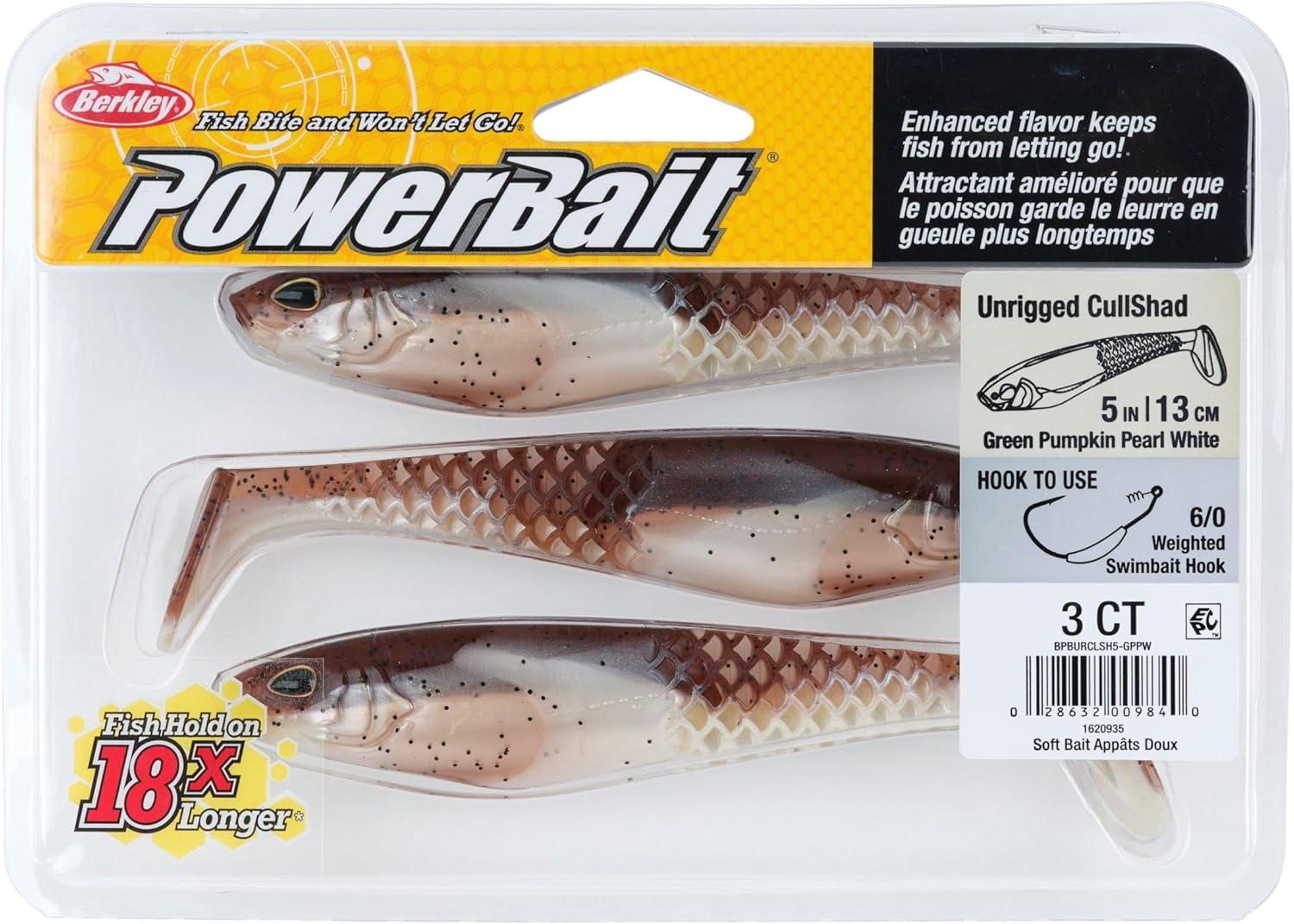 imageBerkley PowerBait Unrigged CullShad Fishing Soft BaitGreen Pumpkin Pearl White