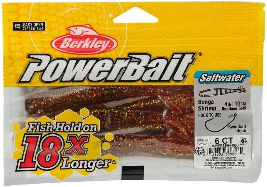 imageBerkley PowerBait Saltwater Bonga Shrimp Fishing Soft Bait Irresistible Scent and Flavor Realistic Shrimp Profile and Action Perfect for Redfish Trout Snook and MoreRoot Beer Gold